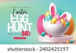 Easter sale podium vector banner. Easter egg hunt with shell crack full of colorful eggs and bunny ears decoration elements for shopping promo discount offer banner. Vector illustration easter sale 