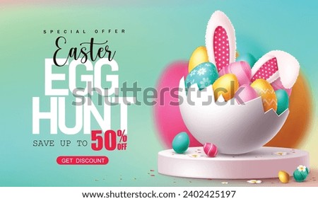 Easter sale podium vector banner. Easter egg hunt with shell crack full of colorful eggs and bunny ears decoration elements for shopping promo discount offer banner. Vector illustration easter sale 