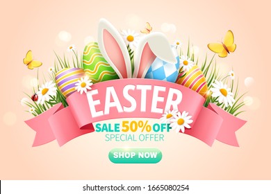 Easter sale popup ads with bunny's ear and Easter eggs in grass on pink background