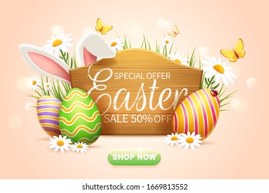 Easter sale popup ads with wooden plate sign and colorful Easter eggs