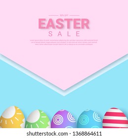 Easter sale poster. 3d egg vector illustration, pastel pink and blue background