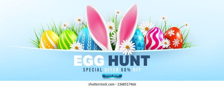 Easter Sale poster and banner template with Easter Eggs and flower on blue.Greetings and presents for Easter Day.Promotion and shopping template for Easter Day.Vector illustration EPS10