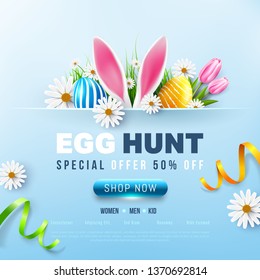 Easter Sale poster and banner template with Easter Eggs and flower on blue.Greetings and presents for Easter Day.Promotion and shopping template for Easter Day.Vector illustration EPS10