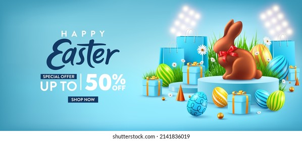 Easter Sale poster or banner template with Easter Bunny over on product podium scene. Greetings and presents for Easter Day.Promotion and shopping template for Easter
