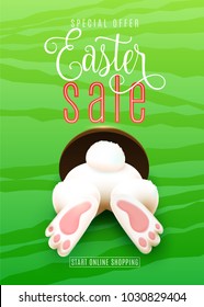 Easter sale poster with easter bunny ass, foot, tail in the hole on bright green background. Discount offer, start online shopping text. Color holiday clearance concept. Vector illustration