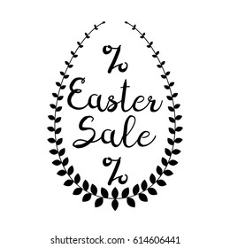 Easter sale poster. card, background. Calligraphic text on egg's silhouette looks like wreath 