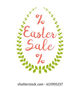 Easter sale poster. card, background. Calligraphic text on egg's silhouette looks like wreath 