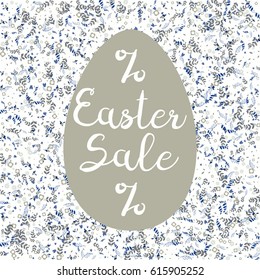 Easter sale poster. card, background. Text on egg's silhouette on floral background with random leaves, flowers, butterflies.