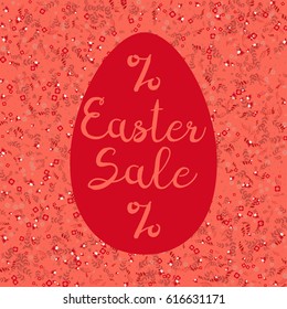 Easter sale poster. card, background. Text on egg's silhouette on floral background with random leaves, flowers, butterflies.