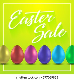 Easter Sale Poster design with colored eggs bordered with white frame. Vector Illustration template