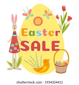 Easter Sale Poster design with easter eggs, flowers, bunny, backet, chicks, butterflies. Vector Illustration template