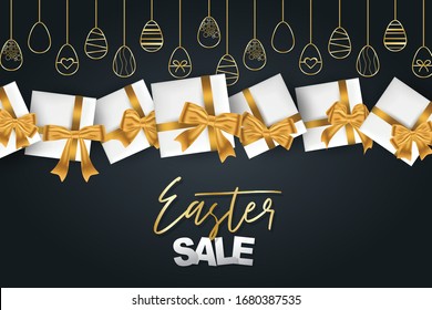 Easter sale poster with golden eggs and gift boxes on black. Holiday greeting card, advertising banner. Vector illustration.