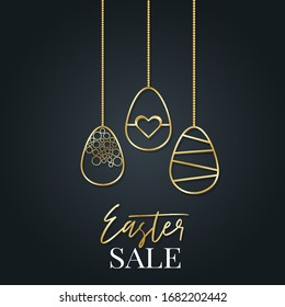 Easter sale poster with golden eggs on black. Holiday greeting card, advertising banner. Vector illustration.