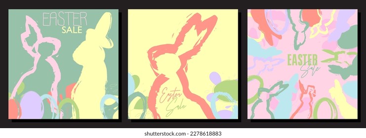 Easter Sale Poster Set with big rabbits and eggs. Elegant Holiday offer design collection. Discount with painted bunny and egg. Modern minimal template in pastel colors.