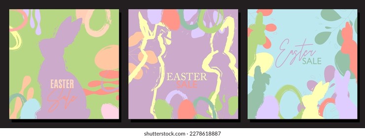 Easter Sale Poster Set with big rabbits and eggs. Elegant Holiday offer design collection. Discount with painted bunny and egg. Modern minimal template in pastel colors.