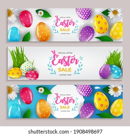 Easter sale poster set template with 3d realistic  Easter eggs and paint.  Template for advertising, poster, flyer, greeting card.  Vector Illustration