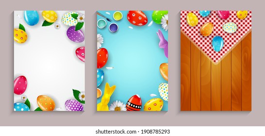 Easter sale poster set template with 3d realistic  Easter eggs and paint.  Template for advertising, poster, flyer, greeting card.  Vector Illustration
