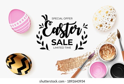 Easter sale poster template with 3d realistic  Easter eggs and paint.  Template for advertising, poster, flyer, greeting card.  Vector Illustration