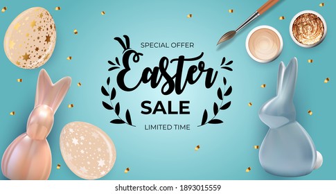 Easter sale poster template with 3d realistic  Easter eggs and paint.  Template for advertising, poster, flyer, greeting card.  Vector Illustration