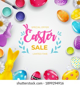 Easter sale poster template with 3d realistic  Easter eggs and paint.  Template for advertising, poster, flyer, greeting card.  Vector Illustration