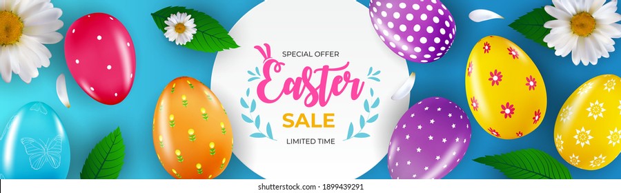 Easter sale poster template with 3d realistic  Easter eggs and paint.  Template for advertising, poster, flyer, greeting card.  Vector Illustration