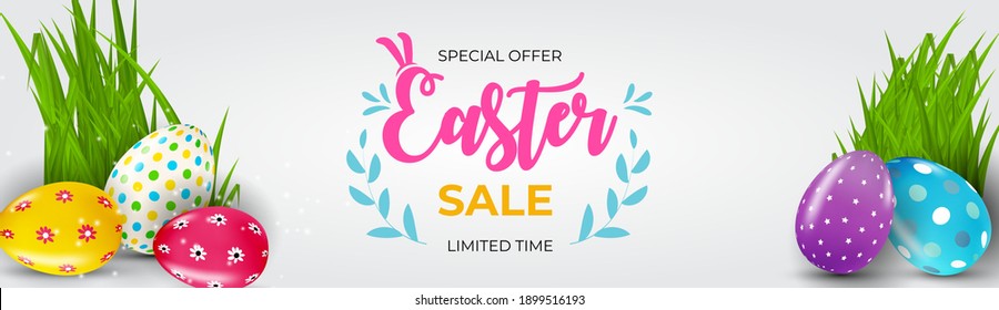 Plantilla de afiche de la venta de Semana Santa con huevos de Pascua 3d realistas y pintura.  Plantilla para publicidad, afiche, volante, tarjeta de saludo.  Ilustración vectorial