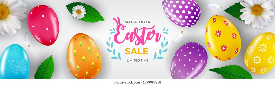 Easter sale poster template with 3d realistic  Easter eggs and paint.  Template for advertising, poster, flyer, greeting card.  Vector Illustration
