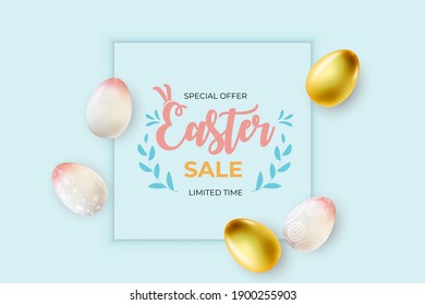 Plantilla de afiche de la venta de Semana Santa con huevos realistas 3d de Pascua.  Plantilla para publicidad, afiche, volante, tarjeta de saludo.  Ilustración vectorial