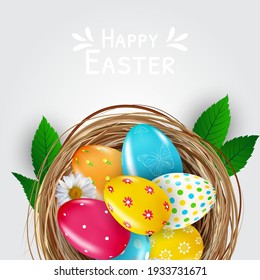 Easter sale poster template with 3d realistic  Easter eggs and paint.  Template for advertising, poster, flyer, greeting card.  Vector Illustration