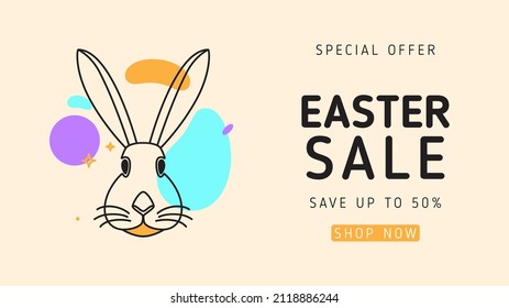 Easter sale promotion background. Vector illustration with black rabbit in thin line style. Discount banner. Holiday illustration for Easter promotion or congratulations in social media.