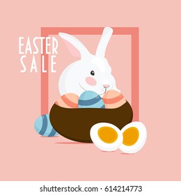 Easter Sale promotion template with Easter eggs in the basket and Easter bunny or hare. 