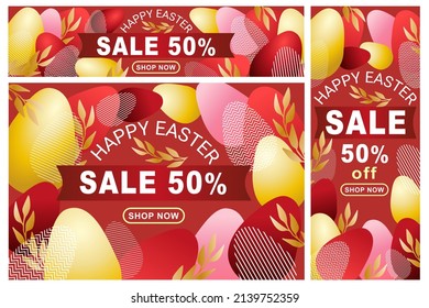 Easter Sale promotional poster templates with golden eggs and branch. Easter Sales special offer text design with hand lettering for business, holiday shopping, promotion and advertising. Vector 