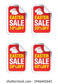 Easter Sale red sticker. Sale 10%, 20%, 30%, 40% off. Stickers set with bunny. Vector illustration