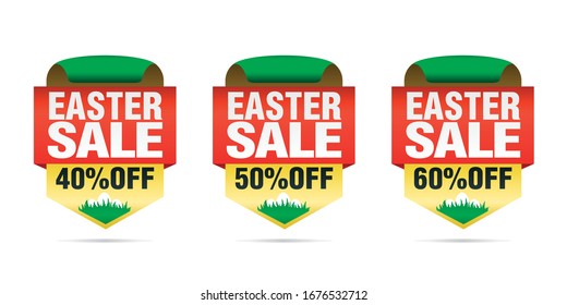 Easter sale set badges 40%, 50%, 60% off with Easter eggs. Vector illustration
