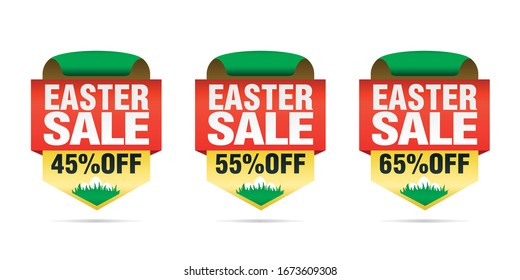 La venta de Semana Santa pone insignias 45%, 55%, 65% de descuento con huevos de Pascua. Ilustración del vector