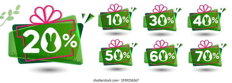 Easter sale set of green banners, labels or price tags with percentage discounts.
