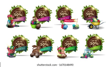 Easter sale, set round discount banners in the form of brown wood barrel with a frame of vines, ribbons and Easter icons. Easter discounts banners isolated on white background for your business