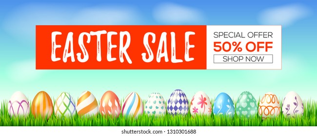 Easter sale, special holiday offer. Get up to 50 percent off. Set of hand painted Easter eggs on green grass. Blue spring sky on the background. Three-dimensional vector illustration for festive sales