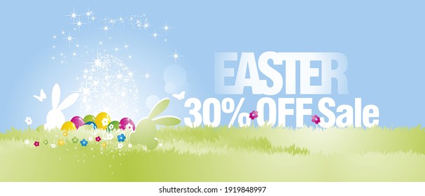 Easter Sale special offer 30 percent off Easter banny egg hunt in grass colorful spring background