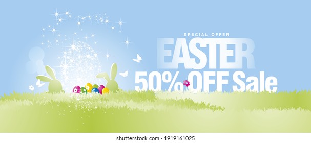 Easter Sale special offer 50 percent off Easter banny egg hunt in grass colorful spring background