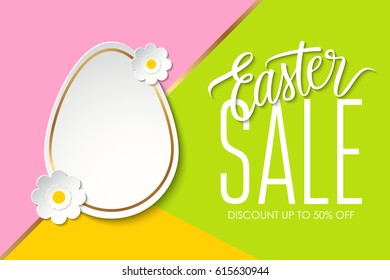 Easter Sale special offer banner wit easter egg, flowers and handwritten text design on color background for business, promotion and advertising. Vector illustration.