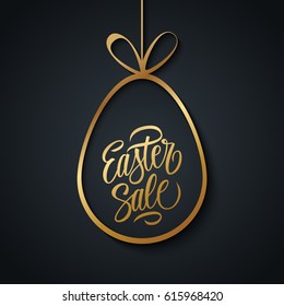 Easter Sale special offer banner with golden easter egg and handwritten text design on black background for business, promotion and advertising. Vector illustration.