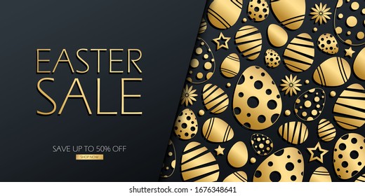 Easter Sale special offer discount luxury banner with gold colored easter eggs pattern. Vector illustration for Easter holiday shopping.