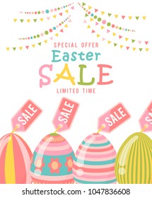 Easter sale special offer poster with eggs and spring flowers. Modern template with pastel colors.