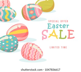 Easter sale special offer poster with eggs and spring flowers. Modern template with pastel colors.