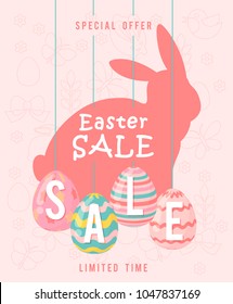 Easter sale special offer poster with eggs and spring flowers. Modern template with pastel colors.