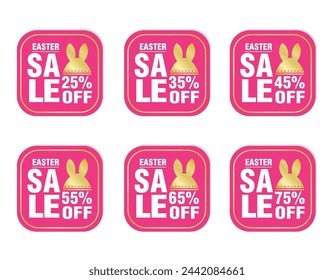 Easter sale stickers pink set. Sale 25%, 35%, 45%, 55%, 65%, 75% off discount vector