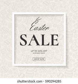 Easter sale stylish poster with frame and seamless pattern of ornamental eggs. Vector template for design flyers and banners with discounts offers