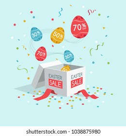 Easter sale symbol with gift box, flying egg labels and confetti isolated on light blue background. Easy to use for your design with transparent shadows.