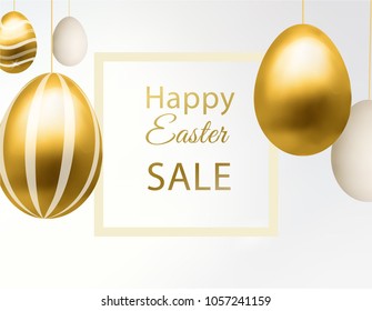 Easter sale template with hanging gold and white eggs isolated on beautiful background. greeting card template. Realistic style. Stock vector illustration for your design